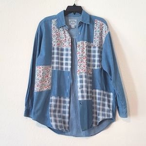 Solutions chambray denim patchwork long sleeve shirt